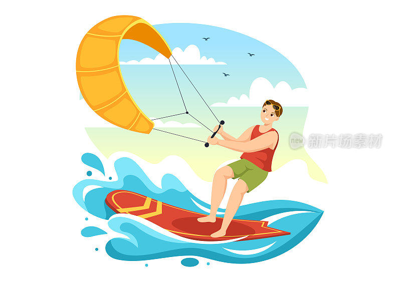 风筝冲浪插图与风筝冲浪者站在风筝板在夏季海极限水上运动平面卡通手绘模板