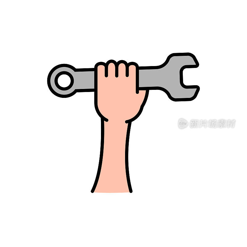 手握扳手图标。修理工扳手在手上的标志。矢量插图孤立在白色背景上。