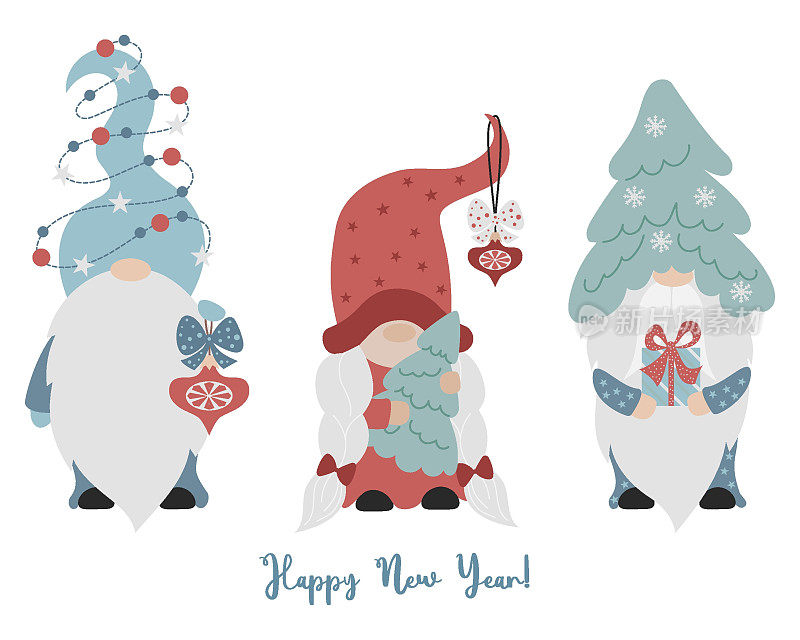 新年贺卡家庭侏儒。可爱的卡通侏儒女孩和男人的圣诞树和圣诞球和礼物。矢量插图。斯堪的纳维亚侏儒的角色用于节日装饰和贺卡。
