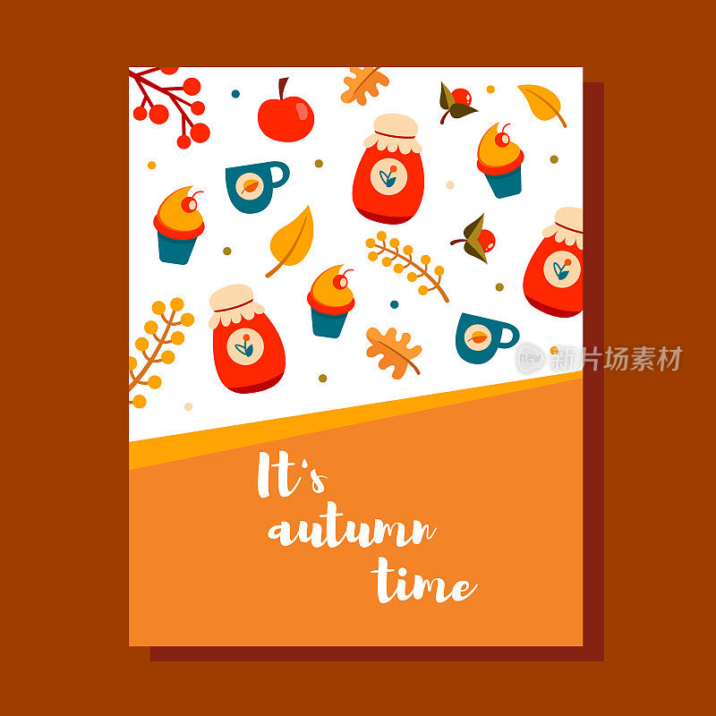 秋天可爱的明信片。横幅，海报或明信片模板。插图。
