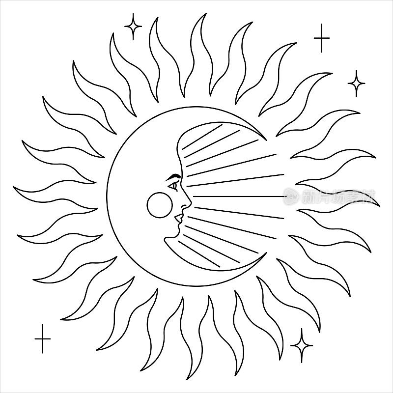 美丽的太阳和新月与女性的脸。月球轮廓附近的太阳符号与阳光。