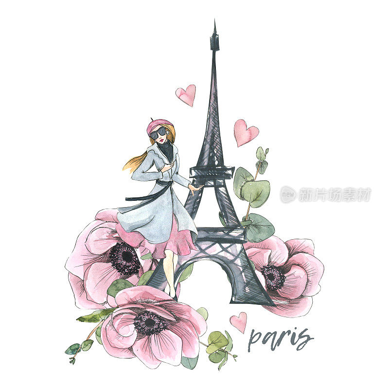 埃菲尔铁塔上有一个巴黎女孩，海葵花和桉树树枝。素描风格的水彩插图与图形元素。构图从巴黎的一套大。装饰、设计