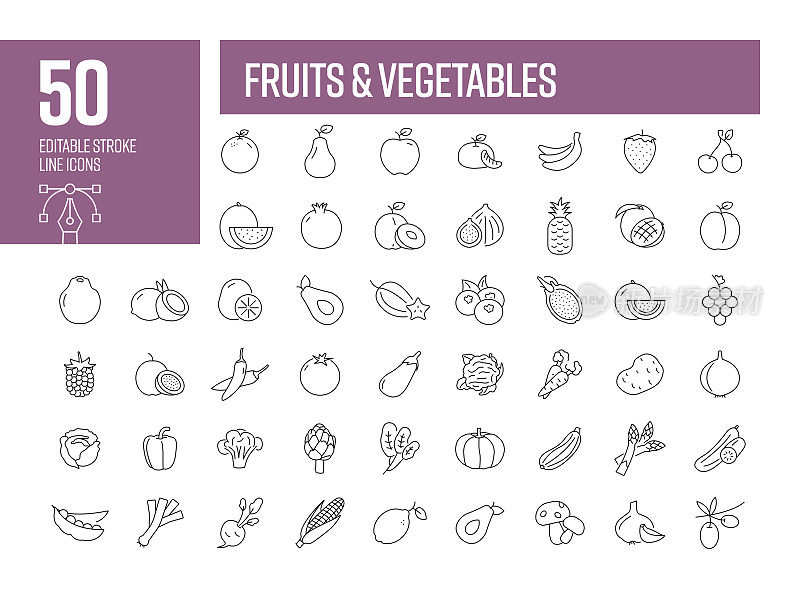 水果和蔬菜线图标。可编辑的笔画矢量图标集合。