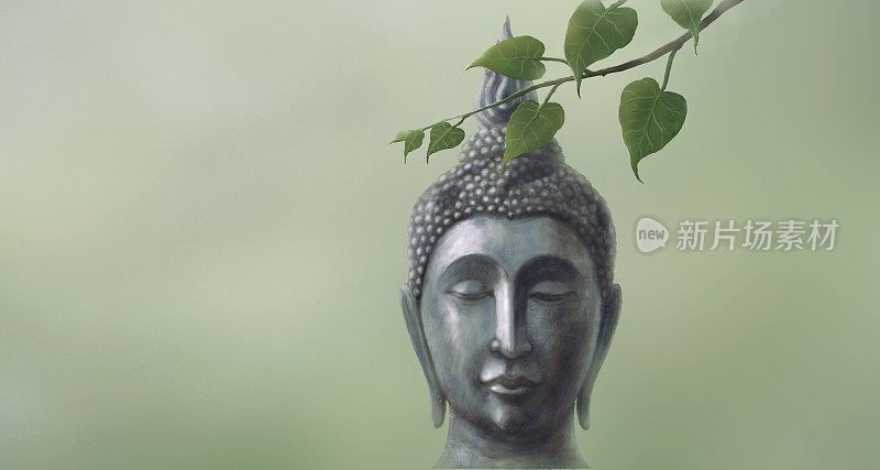 佛像头像。宗教、精神、信仰、佛教的概念创意作品。超现实绘画3d插画，概念艺术作品