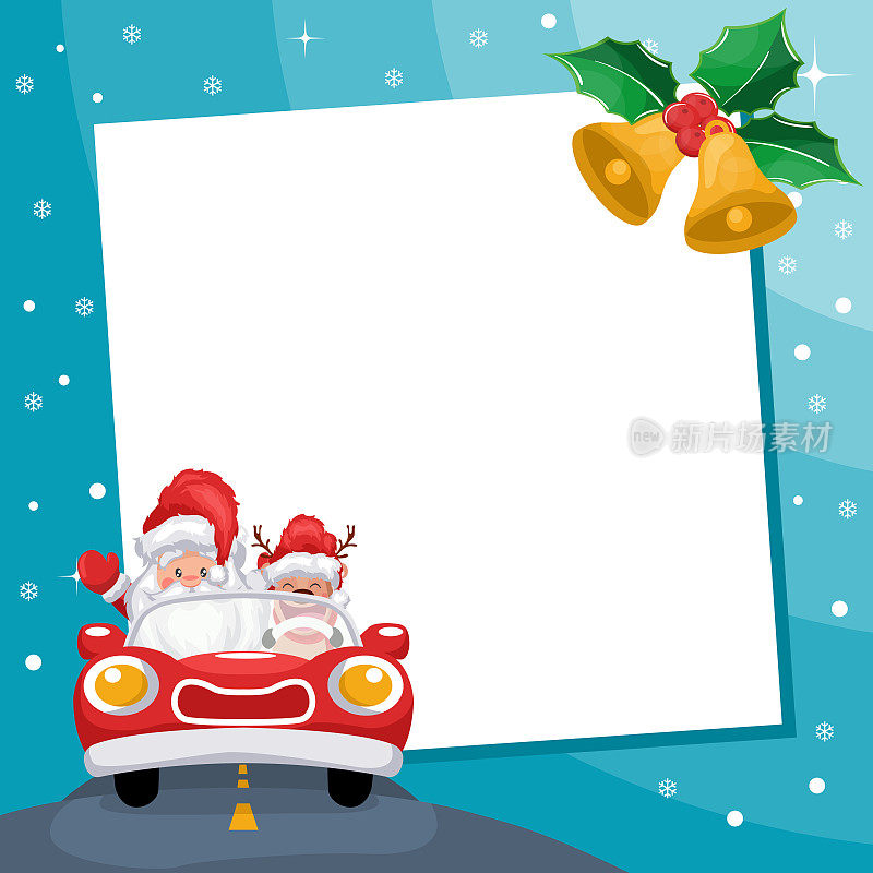 圣诞快乐画框与圣诞老人驾驶汽车与驯鹿与雪的背景