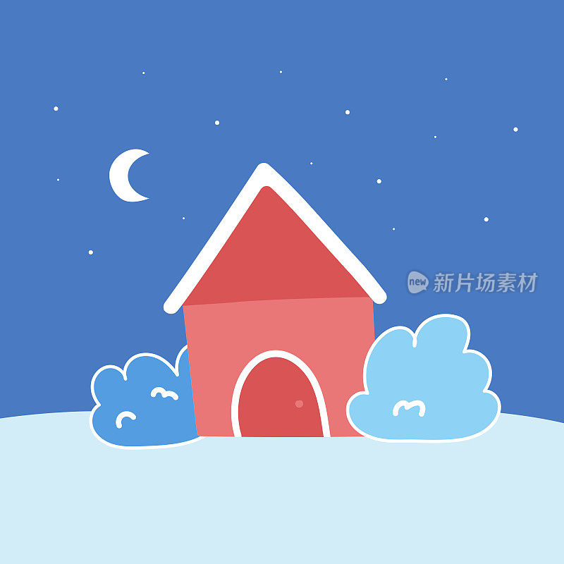 可爱的冬季风景。冬天的旗帜。冬天走了。雪谷里的可爱房子。卡通风格的风景。