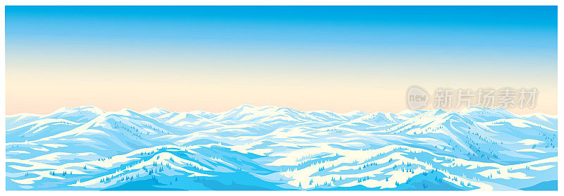 冬季景观，雪山被冬季的阳光照亮。