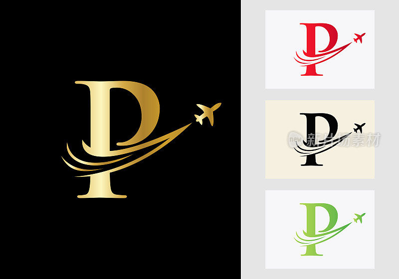 字母P旅行标志概念与飞行的飞机符号