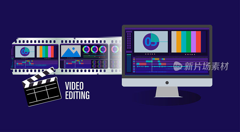 视频编辑抽象矢量插图与视频编辑监视器和颜色分级监视器