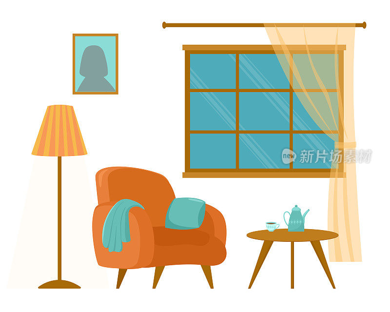 客厅的内部有一扇窗户和晚上的家具。矢量图像的房间内部与橙色扶手椅，落地灯，桌子和茶壶。