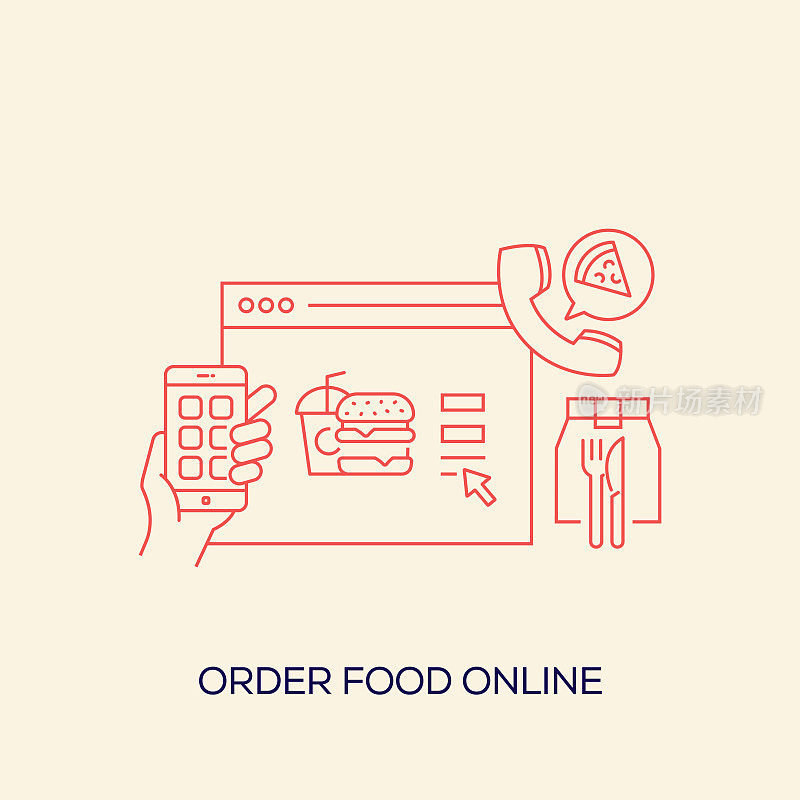 在线订餐相关设计与线图标。简单的轮廓符号图标。