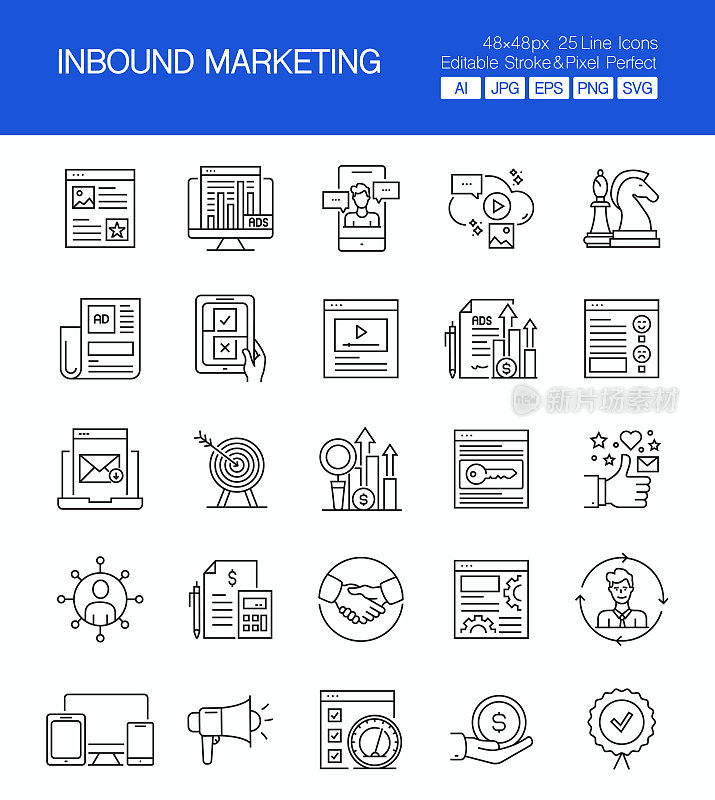 入站营销线图标可编辑笔画。反馈，营销，销售，广告，社交媒体营销，