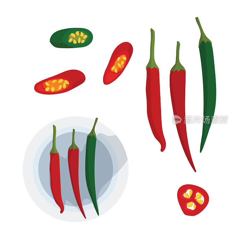 红辣椒有绿色和红色。辛辣食物和调味的图标。