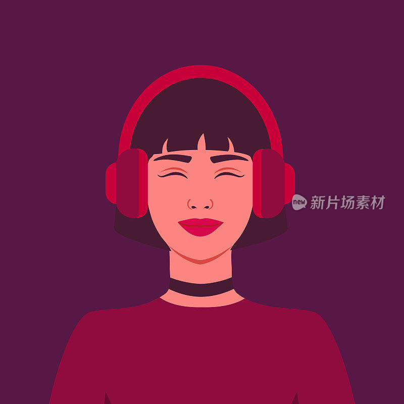 年轻女子戴着耳机听音乐。戴着耳机微笑的女孩。音乐疗法。《阿凡达》。矢量图
