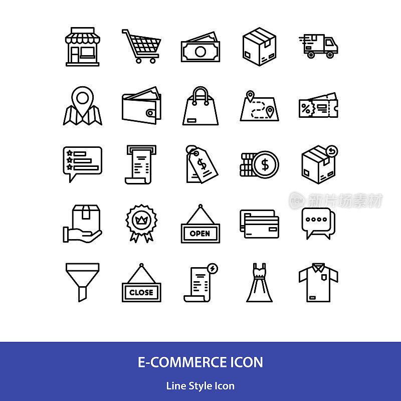 电子商务图标包在线风格矢量，商店图标，网上商店图标，送货图标
