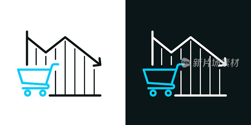 购物车下降图。黑色或白色背景上的双色线条图标-可编辑笔触