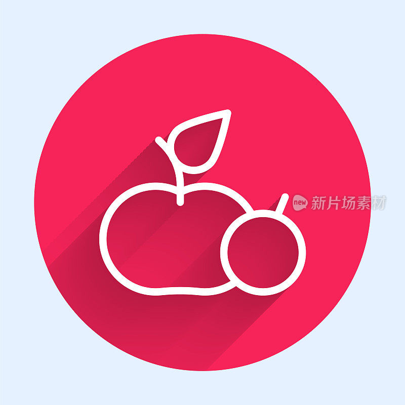 白线苹果图标孤立与长阴影背景。多余的体重。健康饮食菜单。健身减肥苹果。红色圆圈按钮。向量