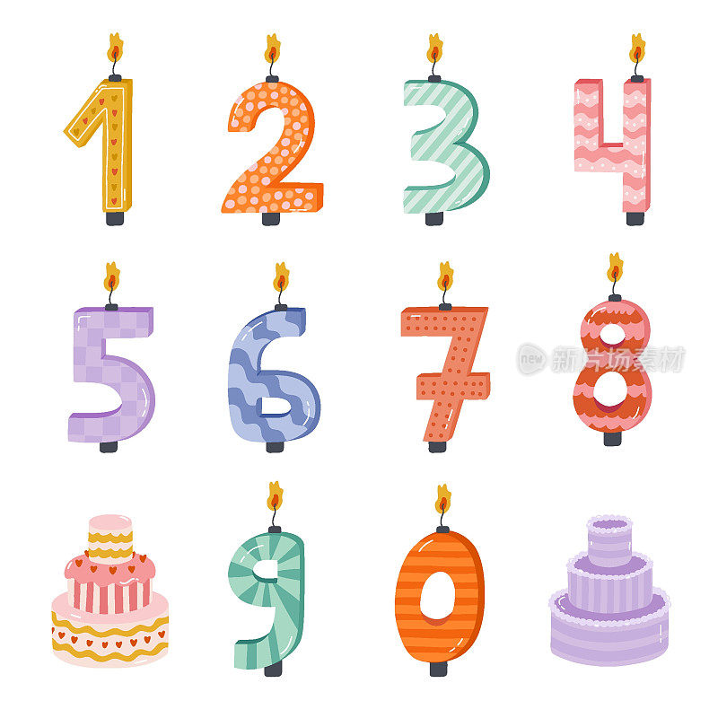 可爱的生日数字蜡烛从0到9和蛋糕在斯堪的纳维亚风格。装饰节日蛋糕，庆祝周年，生日，婚礼。风格化手绘剪贴画。