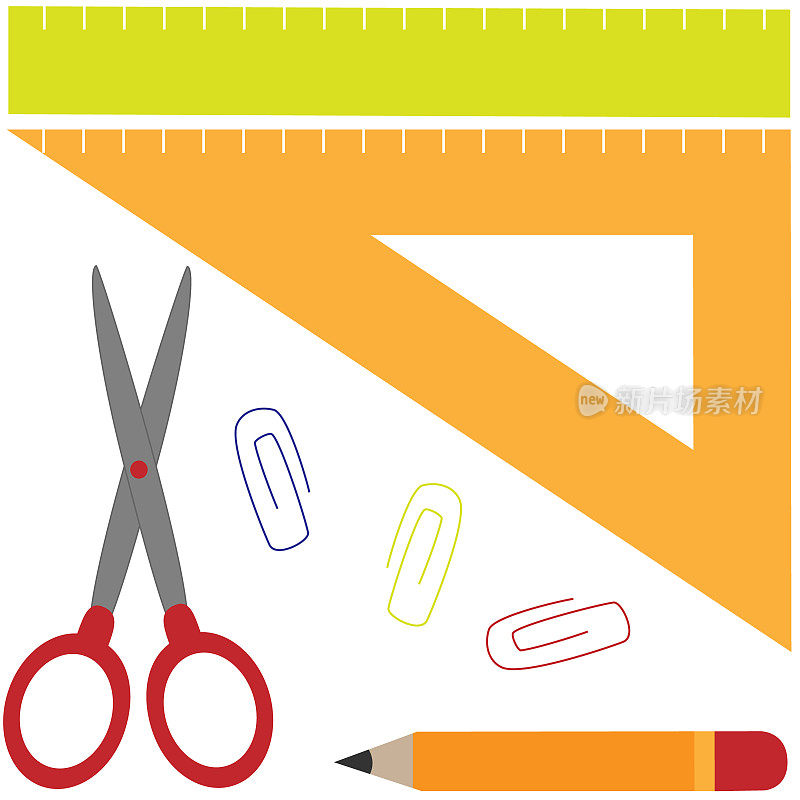 矢量集回到学校文具:剪刀，铅笔，尺子和夹子在卡通风格
