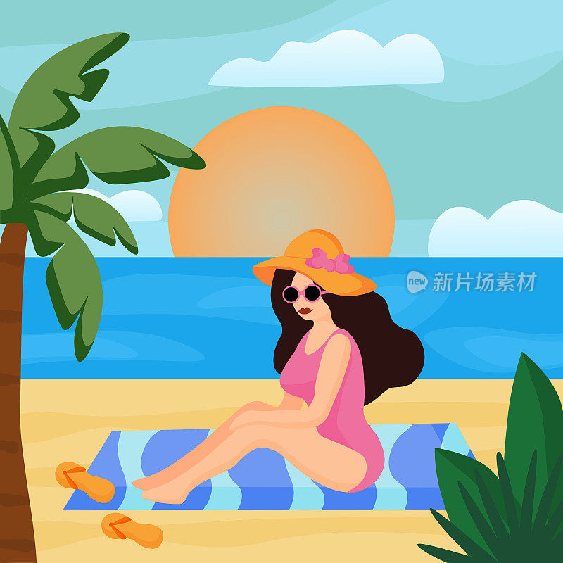 岛上沙滩上的女孩。女子穿着泳衣，戴着眼镜，在沙滩上晒日光浴，旁边是人字拖。矢量平面插图的海上度假，阳光明媚，棕榈树