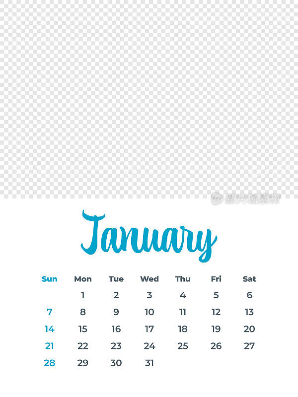 2024年1月-日历与照片或插图的地方。日历矢量模板为2024年。一周从周日开始