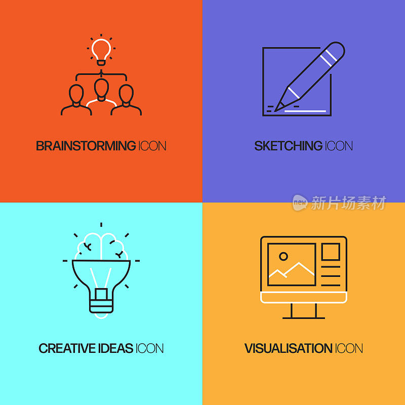 设计思维相关的矢量线图标。轮廓符号集合