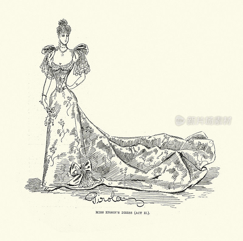 复古插图晚期维多利亚妇女的时尚，连衣裙，礼服与火车，19世纪90年代，19世纪时期的服装