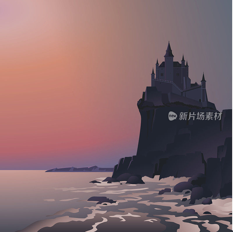 悬崖上的城堡在夕阳的最后余晖中