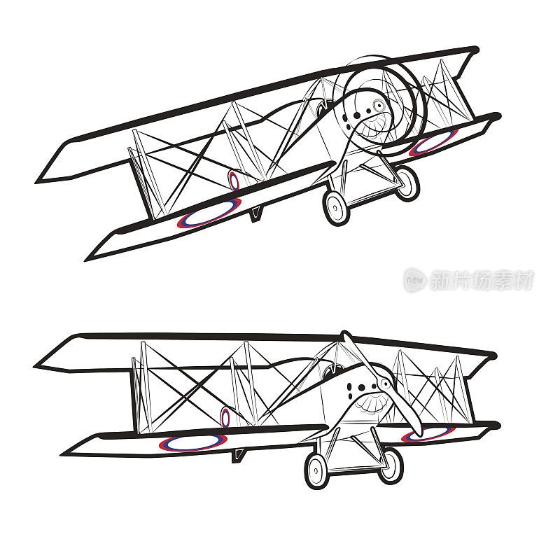 矢量插图的经典螺杆飞机在静态和飞行在白色的背景