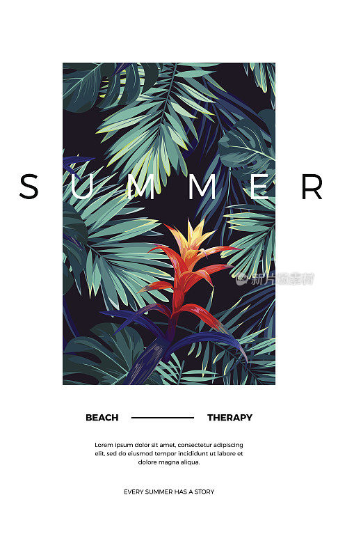 花垂直明信片设计与古兹曼花，怪兽和皇家棕榈叶。奇异夏威夷矢量背景