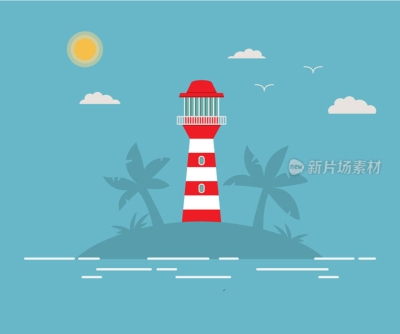 有灯塔的热带岛屿。一个夏季的海景景观与海滩上的灯塔平直风格的矢量。有探照灯的塔。