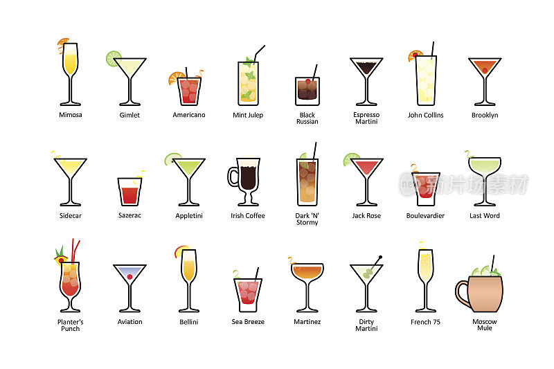 流行的酒精鸡尾酒与标题的第2部分，图标设置在白色的背景平风格