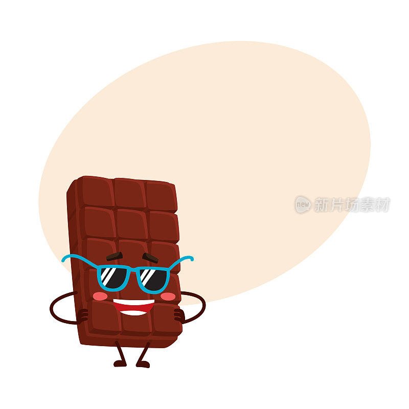 滑稽的巧克力棒人物戴着时髦的太阳镜，胳膊叉腰