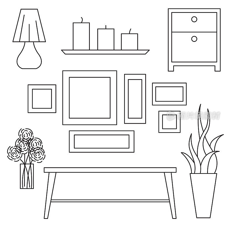素描集孤立的家具。矢量插图在一个线性风格。
