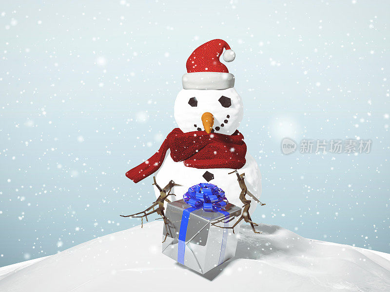 3D插图雪人圣诞节概念与礼物盒和装饰品在一个下雪天。