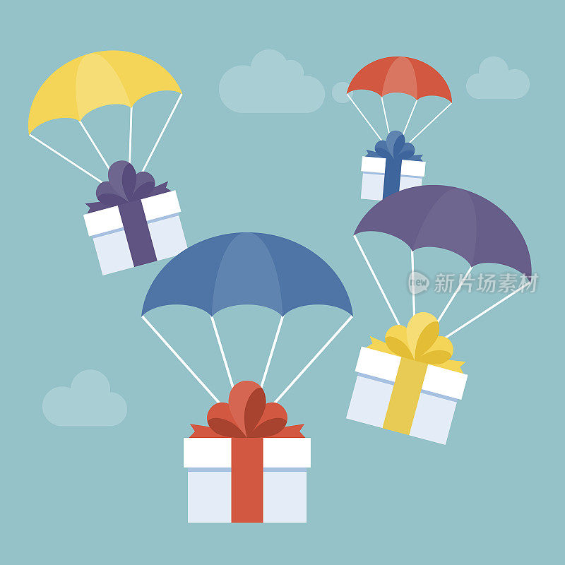 送货服务理念，礼品盒与彩色降落伞适合圣诞节或新年