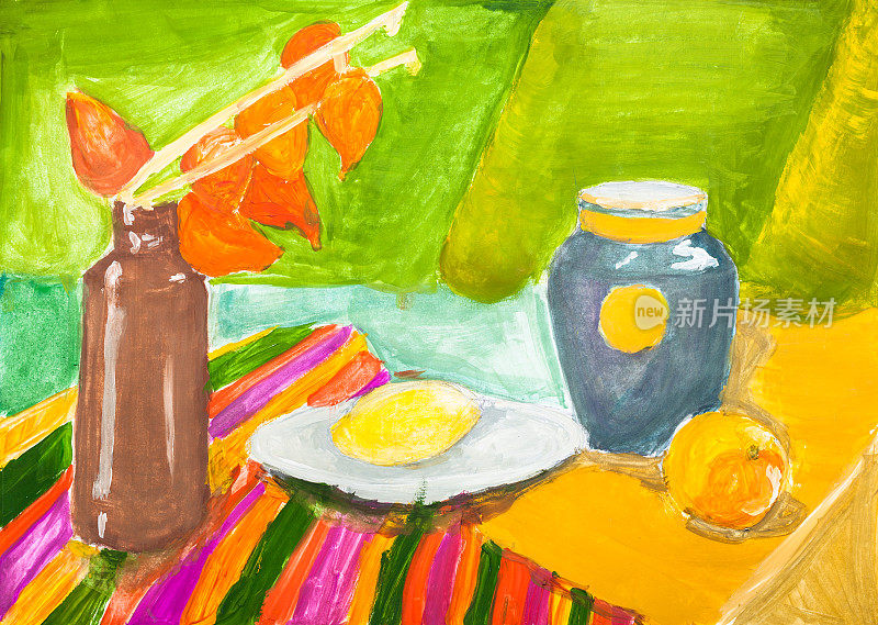 静物画，桌上放着陶罐和水果