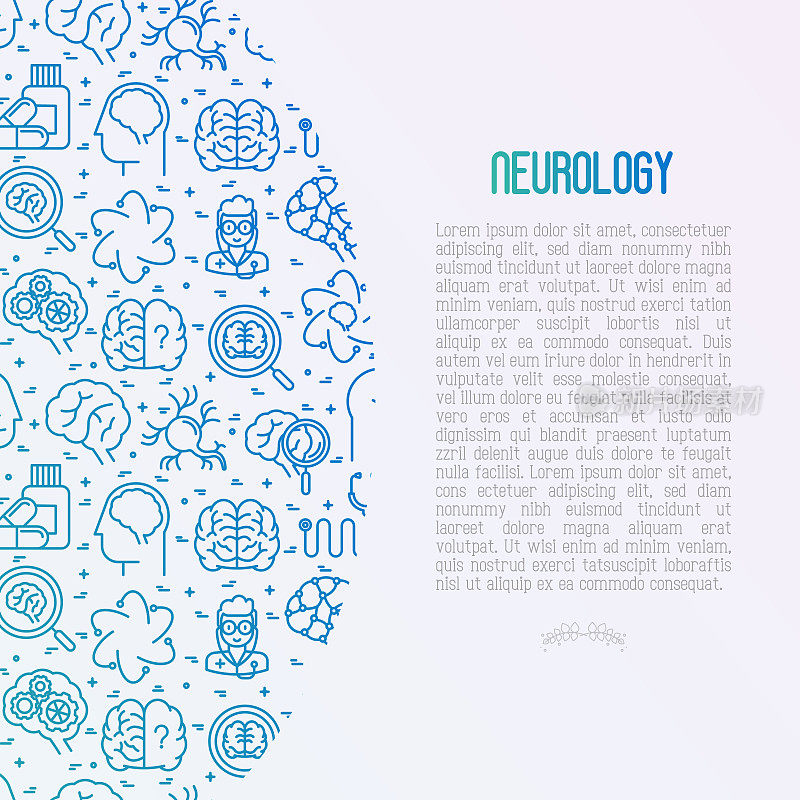 细线图标的神经学概念:大脑，神经元，神经连接，神经学家，放大镜。带文本的医学调查或报告的矢量插图。
