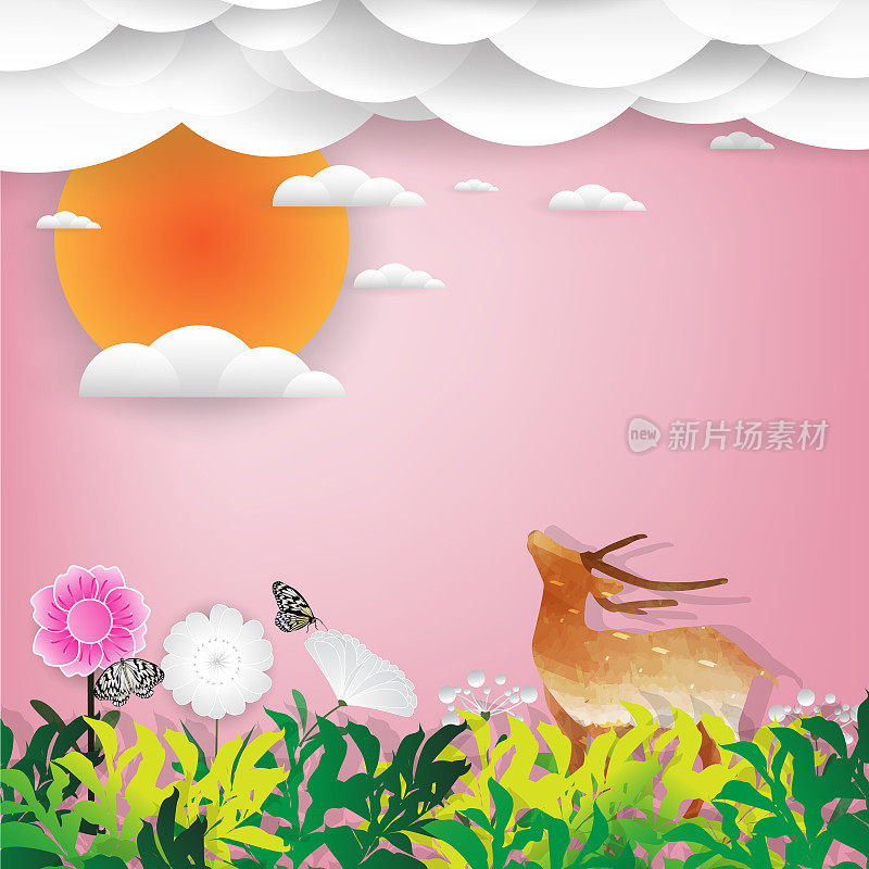 鹿和热带花卉与云和太阳在粉红色的天空背景春季夏季系列，景观，矢量插图