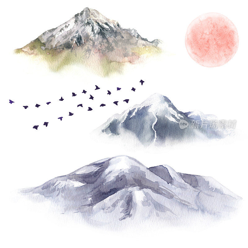 水彩画山，鸟和月亮
