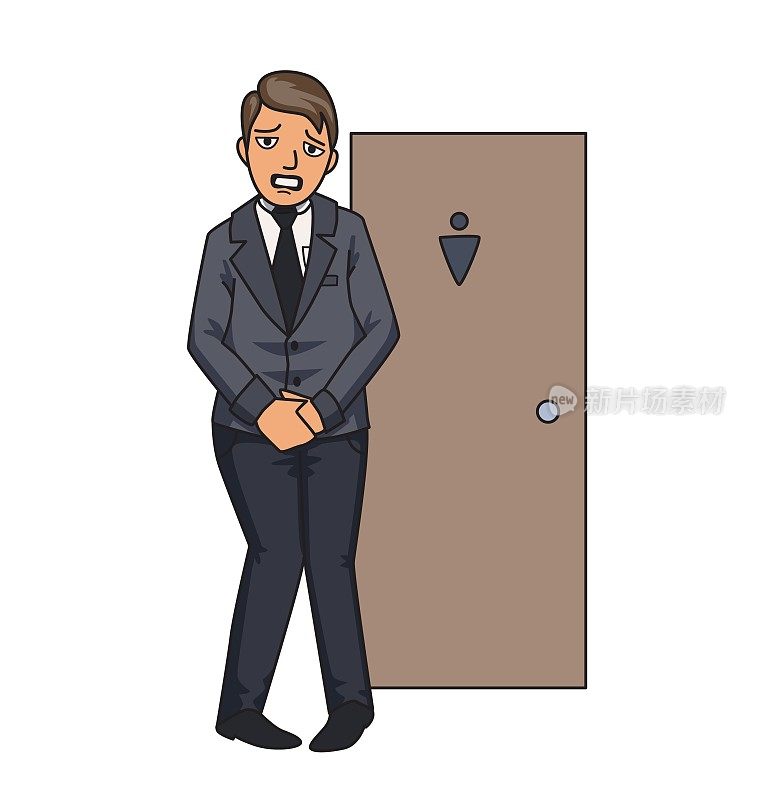 想尿尿的压力商人站在厕所门前。孤立的插图在白色的背景。卡通矢量图像。