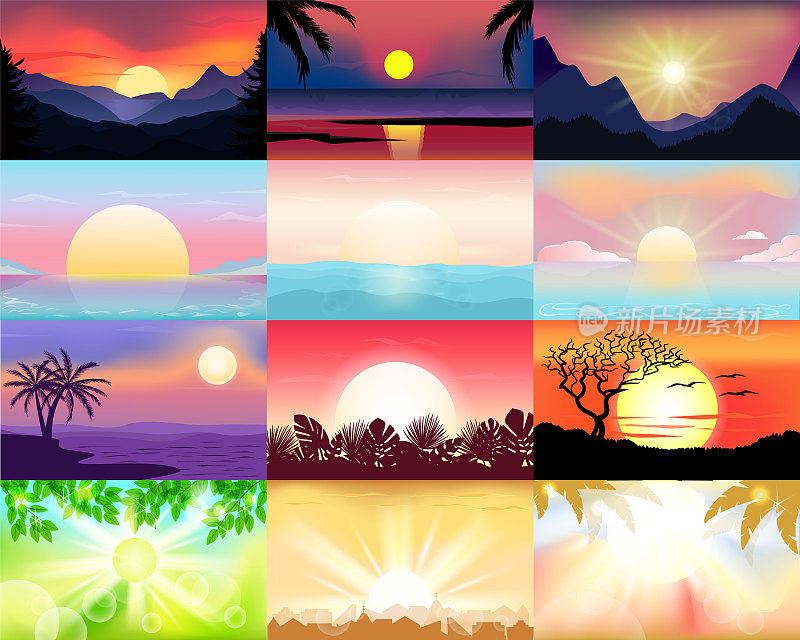 日落矢量日出与夏威夷棕榈树或山的剪影在背景插图的热带阳光背景和夏季阳光海岸墙纸组