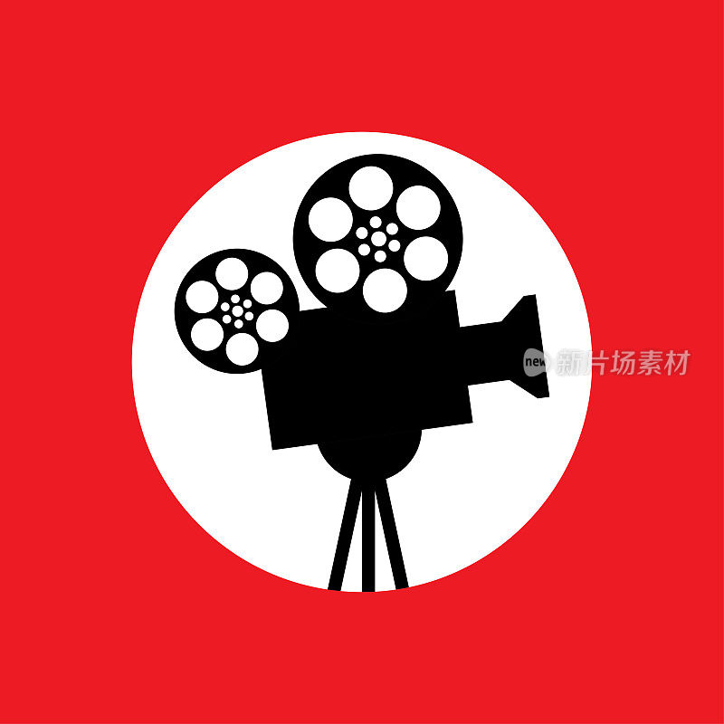 电影的时间。复古的黑色电影放映机在红圈平面设计