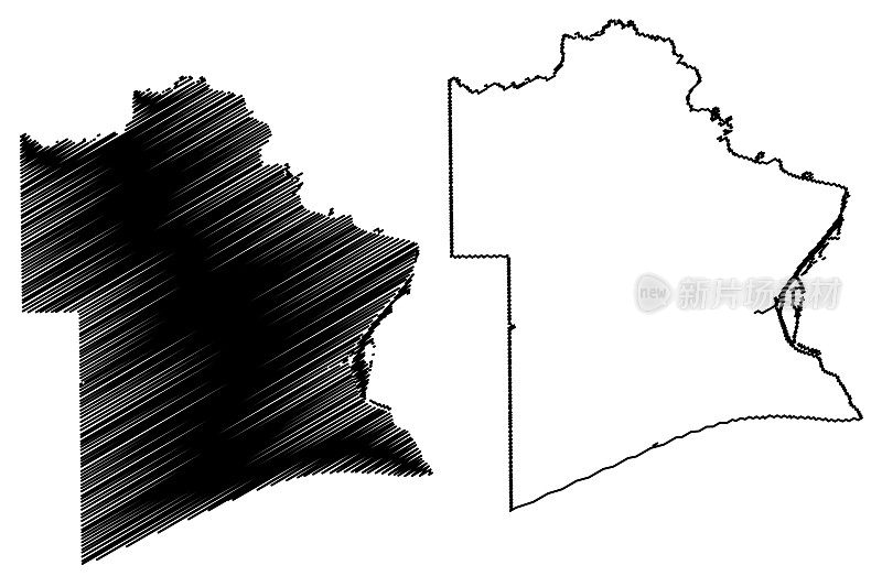德克萨斯州杰斐逊县(美国德克萨斯州县，美国，美国)地图矢量插图，草稿杰斐逊地图