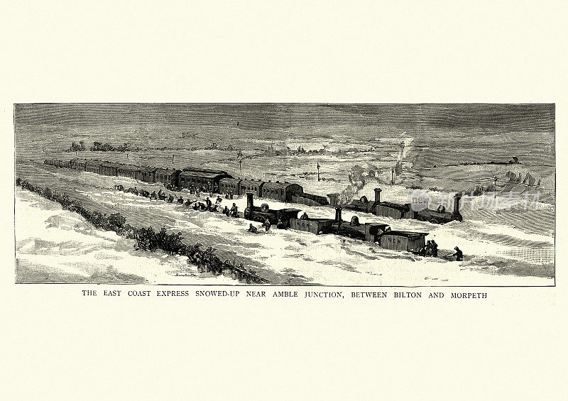 十九世纪，维多利亚时代的旅客列车被困在雪地里