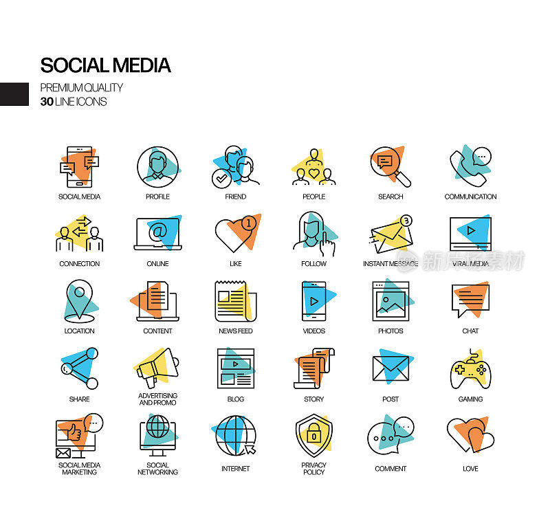 社交媒体相关聚光灯矢量线图标的简单设置。大纲符号集合
