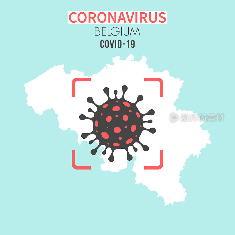 比利时地图，红色取景器显示冠状病毒细胞(COVID-19)