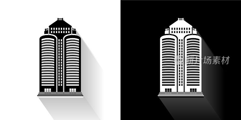 办公室摩天大楼黑色和白色图标与长影子