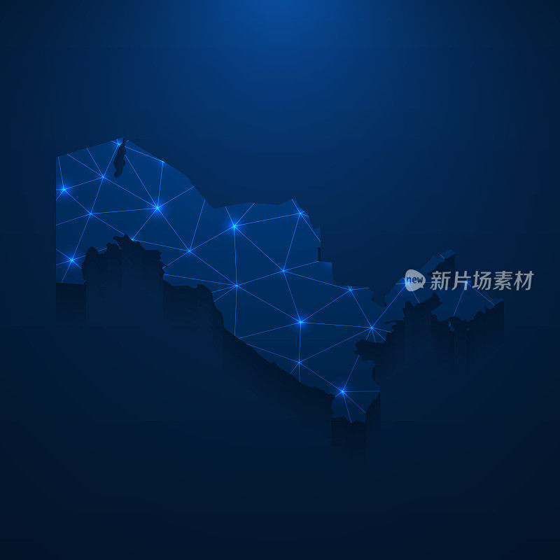 乌兹别克斯坦地图网络-明亮的网格在深蓝色的背景