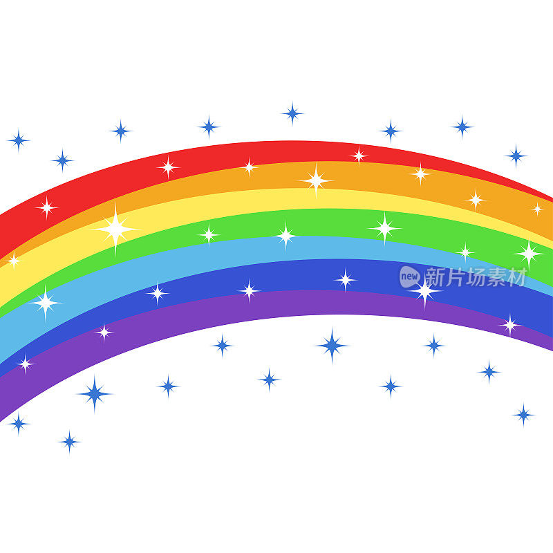 彩色彩虹与魔术星星之上的蓝天背景设计，股票矢量插图